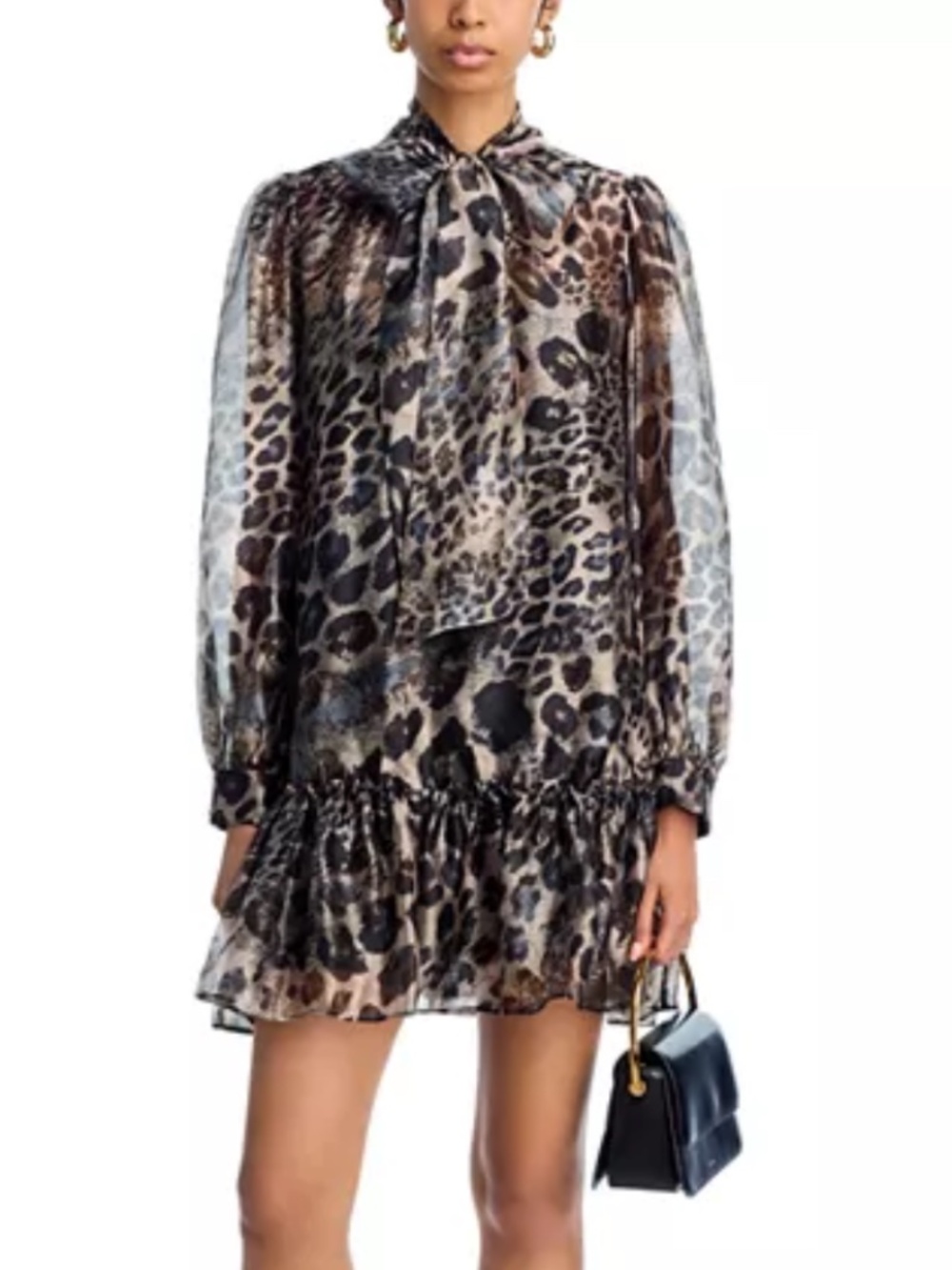 AQUA 🐆 Leopard Tie Neck Long Sleeve Drop Waist Nylon Dress size S Animal Print